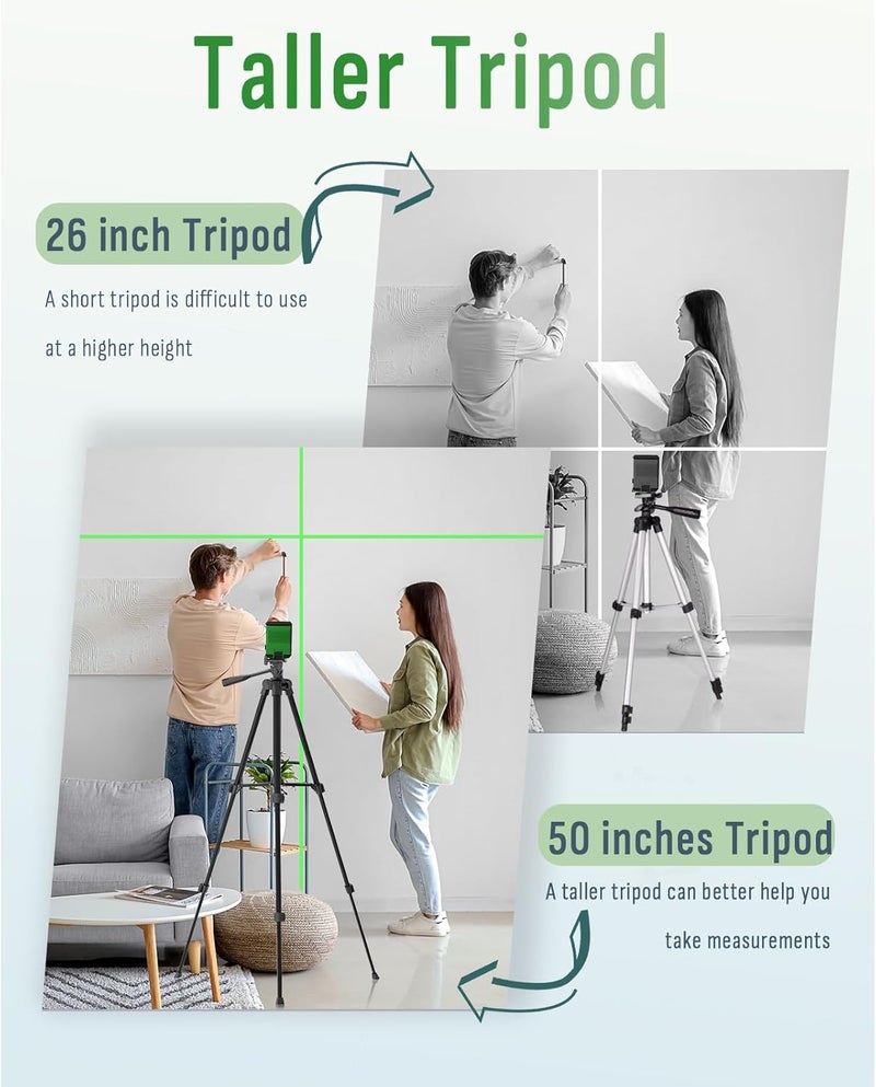 Lusweimi Laser Level with 50” Tripod, 360° Self Leveling Cross Line Laser Level, Green Beam Horizontal and Vertical Line leveler Tool for Hanging Pictures, Home Renovation with 4 AA Batteries & Carry Pouch - Image 5